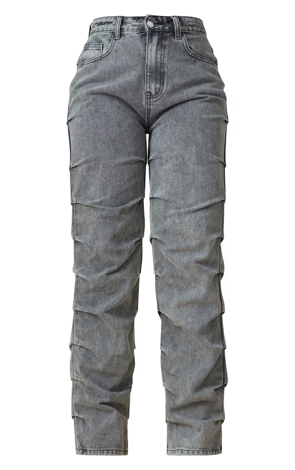 Washed Grey Ruched Straight Leg Denim Jeans