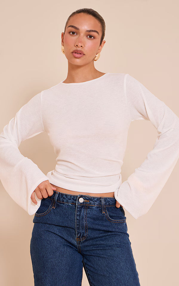 Ecru Rib Onion Skin Flare Long Sleeve Top