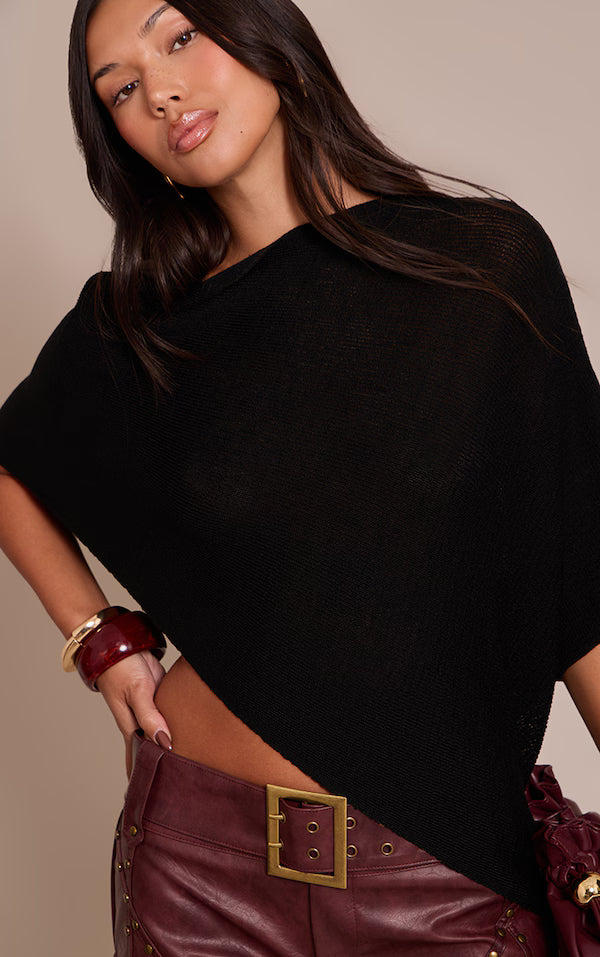 Black Fine Knit Poncho Style Top