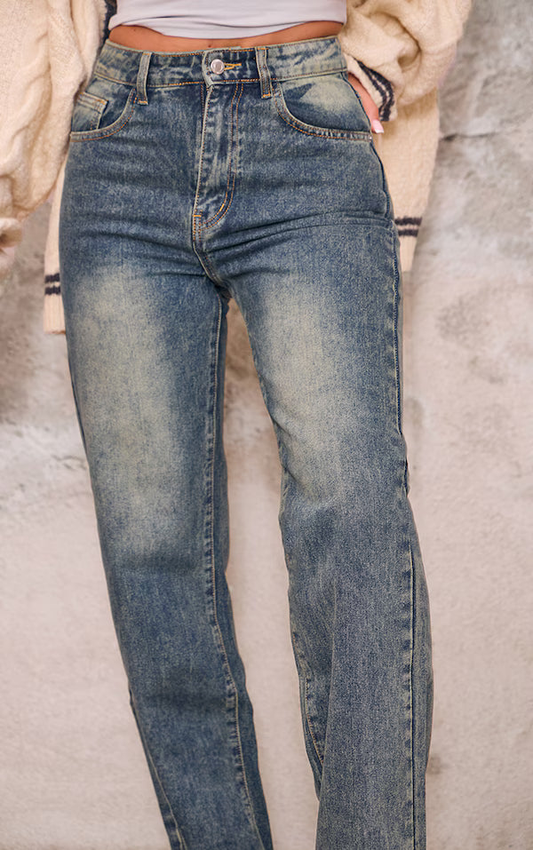 Washed Frayed Hem Wide Leg Jeans
