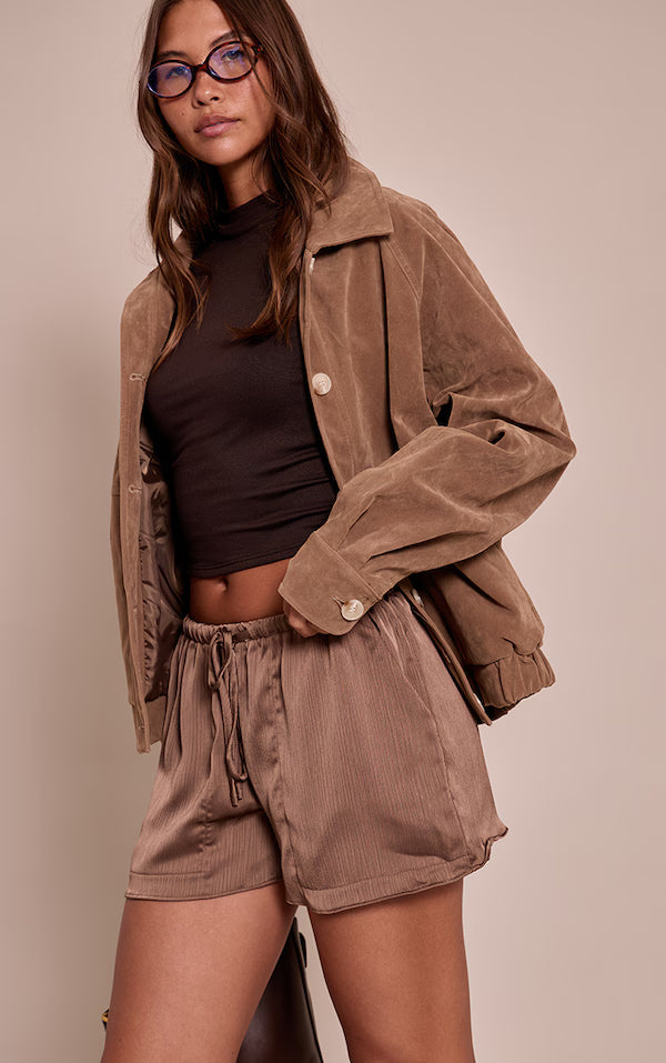 Chocolate Textured Satin Drawstring Shorts