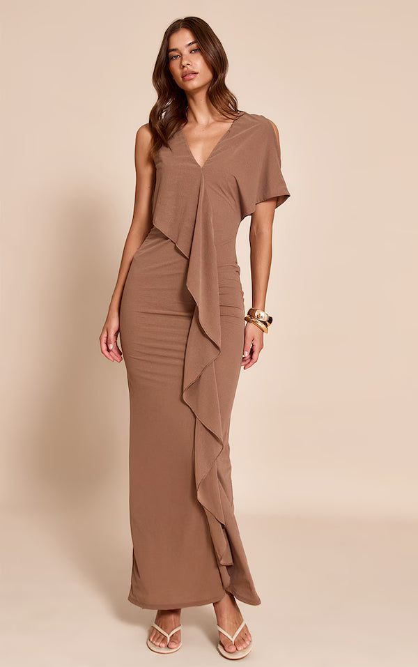 Taupe Onion Skin Frill Detail Maxi Dress