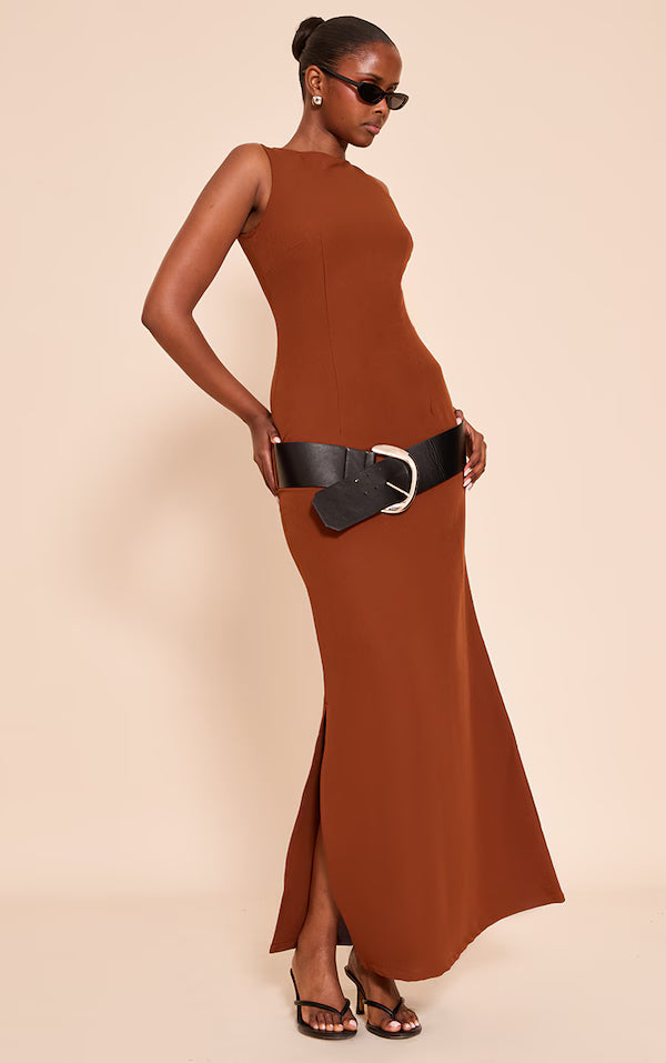 Chocolate Woven Tailored Belt Detail Maxi Dress