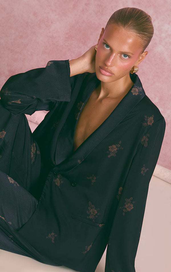 Navy Ditsy Floral Satin Suit Jacket