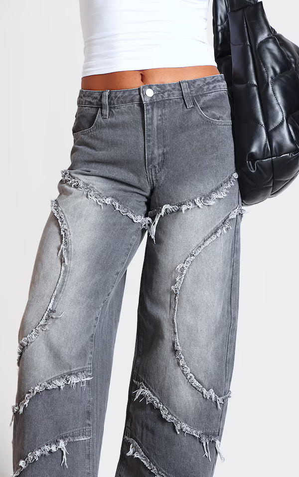 Dark Grey Washed Asymmetric Frayed Detail Mid Rise Straight Leg Jeans