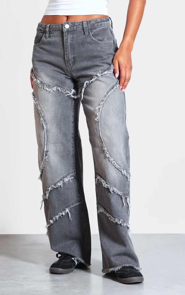 Dark Grey Washed Asymmetric Frayed Detail Mid Rise Straight Leg Jeans