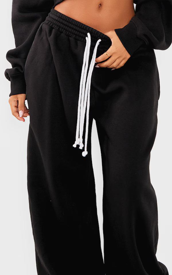 Petite Black Contrast Drawstring Wide Leg Joggers