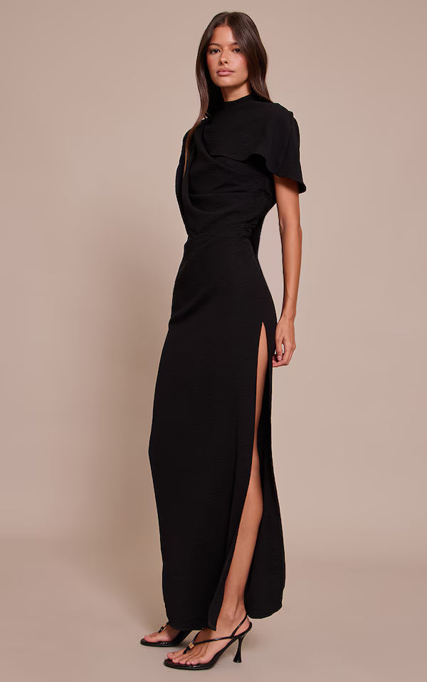 Textured High Neck Pleated Maxi Dress