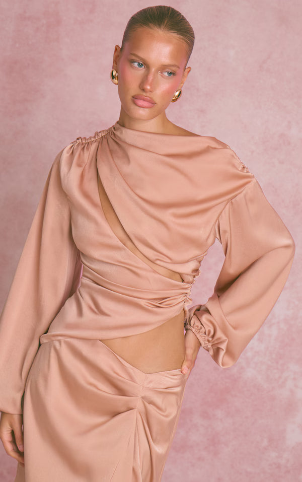 Satin Cut Out Long Sleeve Blouse