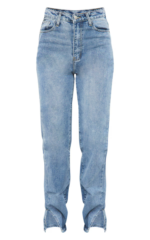 Mid Blue Wash Split Hem Straight Leg Jeans