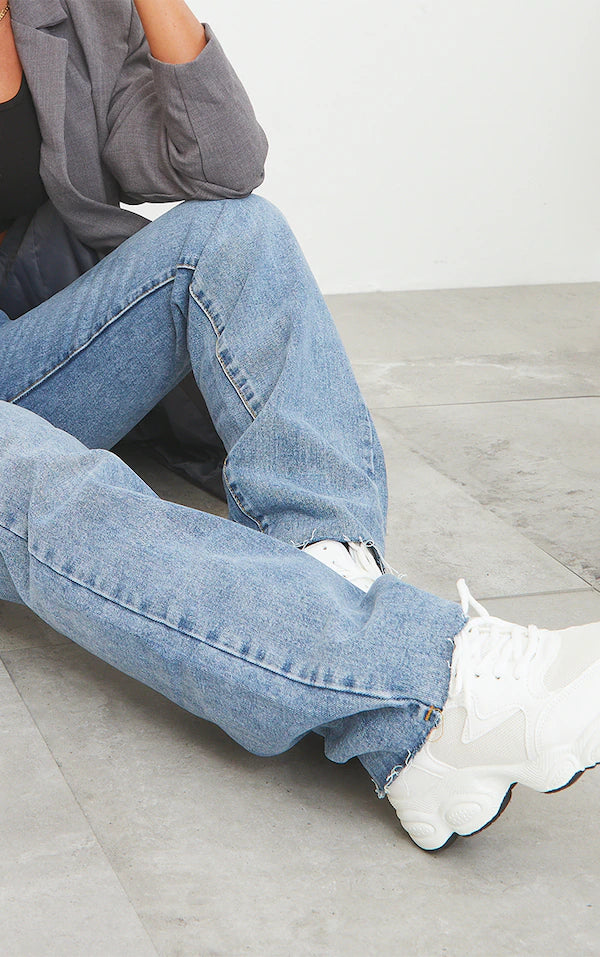 Mid Blue Wash Long Straight Leg Raw Hem Jeans