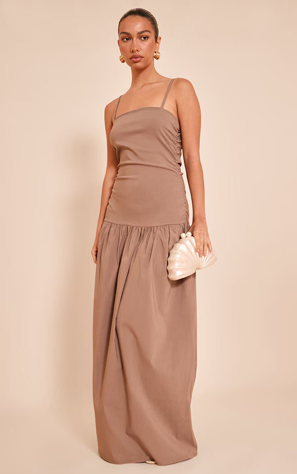 Stretch Woven Strappy Ruched Maxi Dress