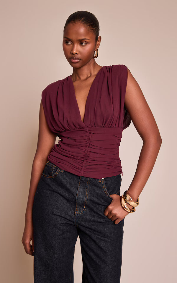 Chiffon Plunge Ruched Bodice Top