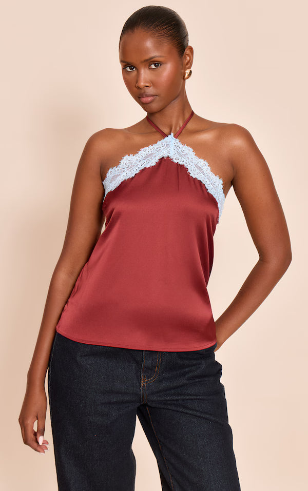 Satin Lace Trim Halterneck Cami Top