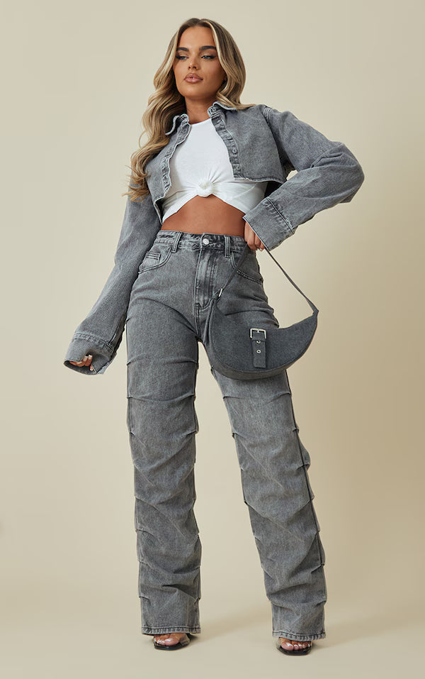 Washed Grey Ruched Straight Leg Denim Jeans