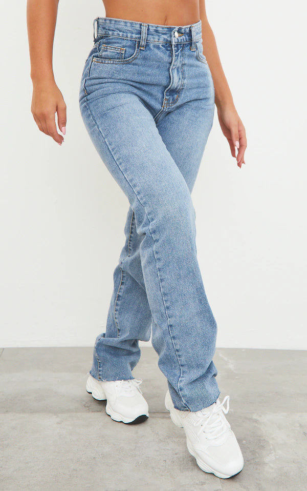 Mid Blue Wash Long Straight Leg Raw Hem Jeans