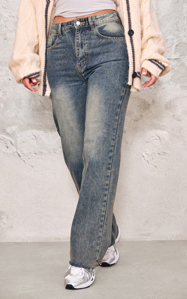 Washed Frayed Hem Wide Leg Jeans