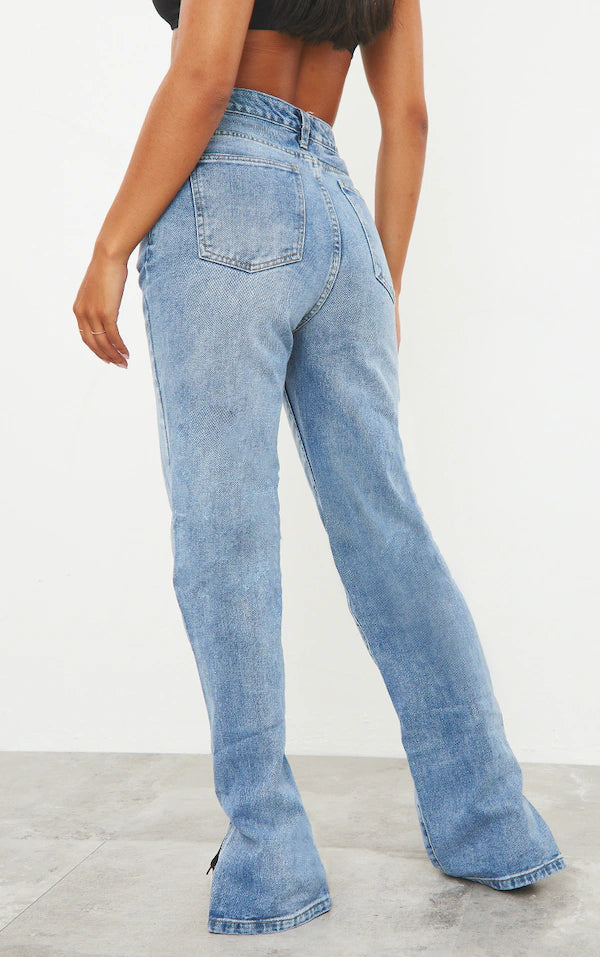 Mid Blue Wash Split Hem Straight Leg Jeans