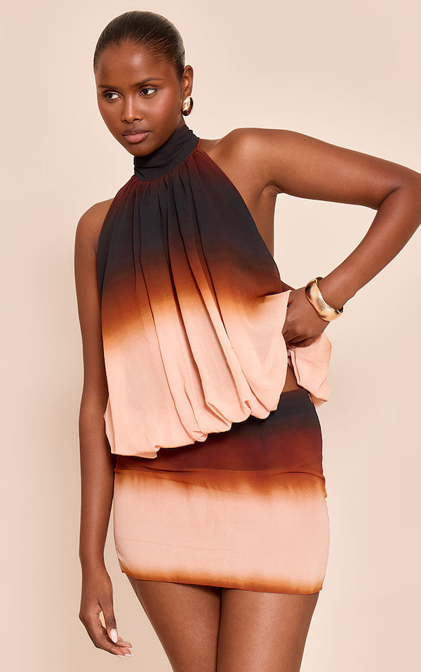 Chocolate Ombre Print Chiffon Mini Skirt