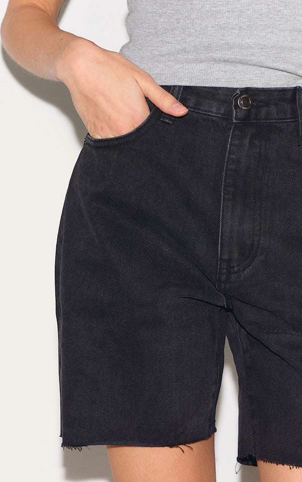 Washed Black Longline Fitted Denim Shorts