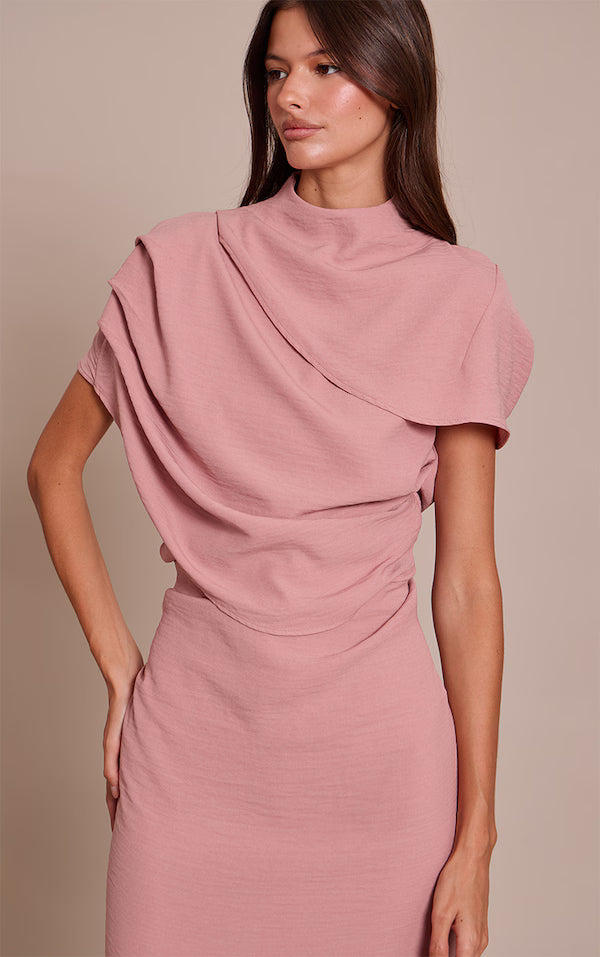 Textured High Neck Pleated Maxi Dress