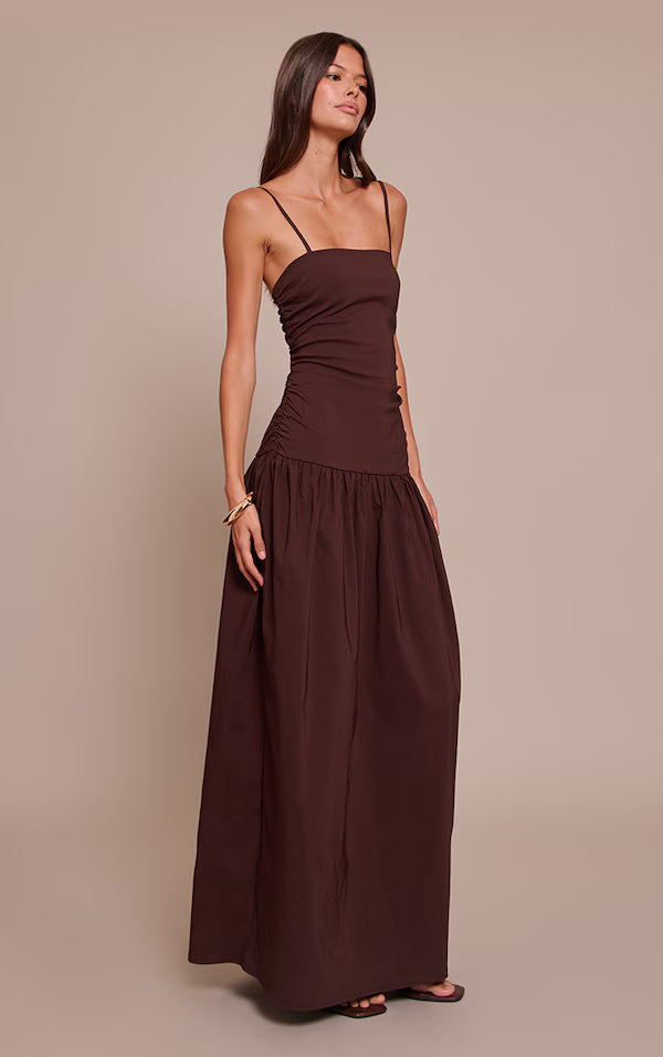 Stretch Woven Strappy Ruched Maxi Dress