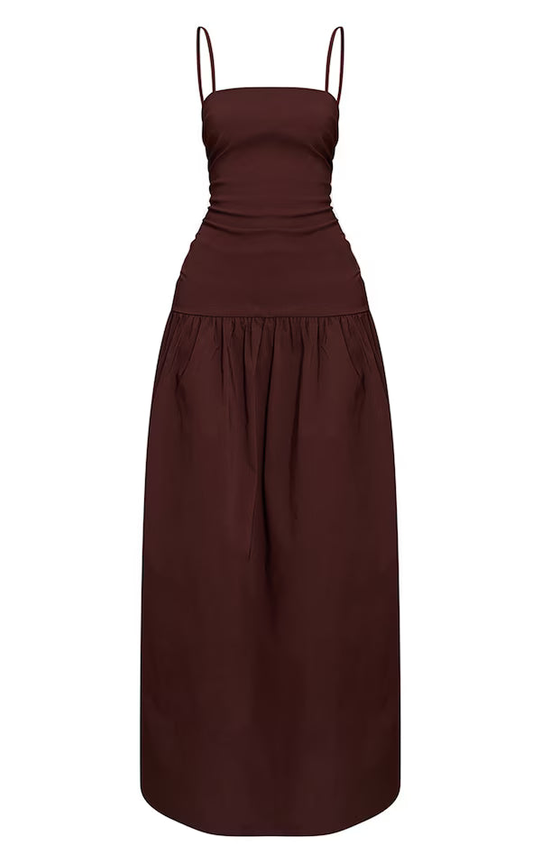 Stretch Woven Strappy Ruched Maxi Dress